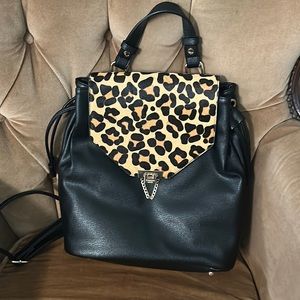 Dune London black leather backpack book bag cheetah print faux fur gold tone